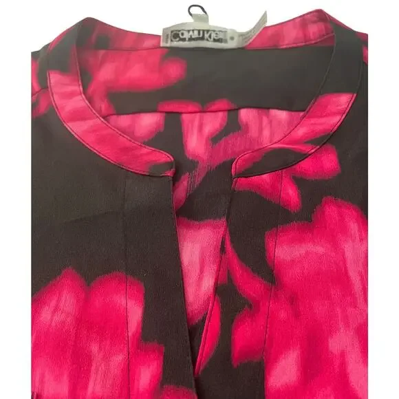 CALVIN KLEIN LONG SLV BUTTON UP V-NECK BLOUSE, WOMENS, XL-HOT PINK & BLACK ABSTR - Picture 2 of 12